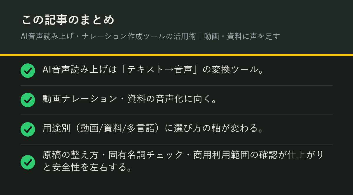 AI音声読み上げ・ナレーション作成ツールの活用術|動画・資料に声を足すのまとめを解説した図解