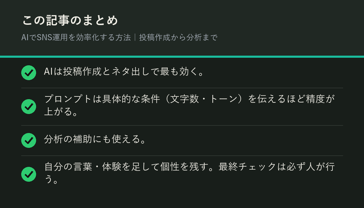 AIでSNS運用を効率化する方法|投稿作成から分析までのまとめを解説した図解