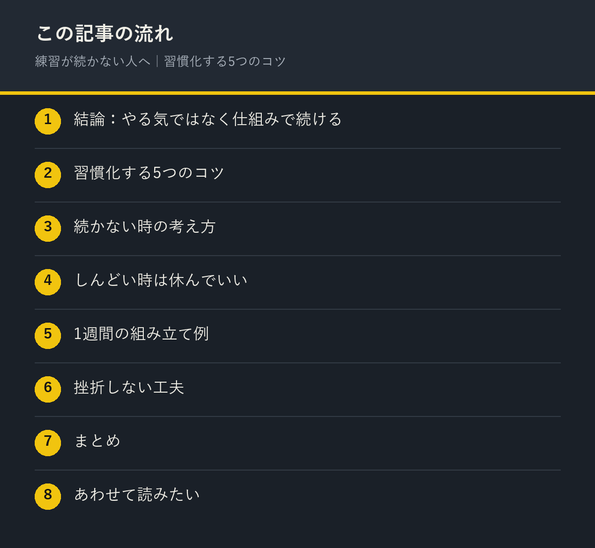 練習が続かない人へ｜習慣化する5つのコツの記事の流れを解説した図解