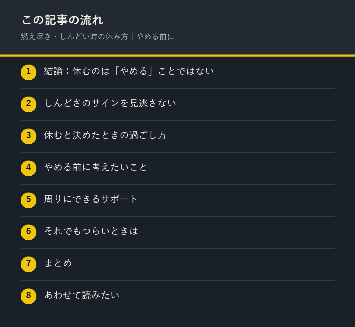 燃え尽き・しんどい時の休み方｜やめる前にの記事の流れを解説した図解