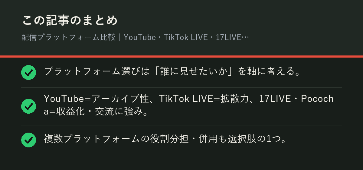 配信プラットフォーム比較|YouTube・TikTok LIVE・17LIVE・Pocochaどれを選ぶ?のまとめを解説した図解