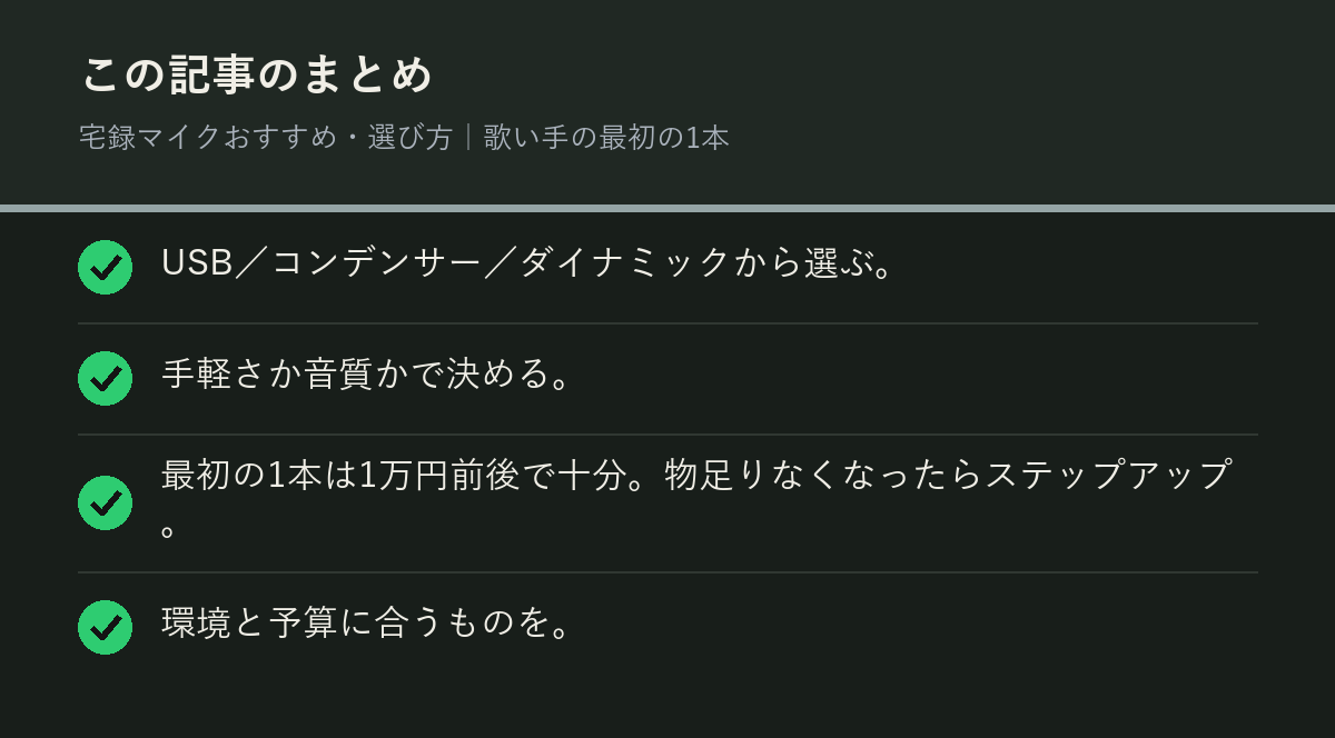 宅録マイクおすすめ・選び方|歌い手の最初の1本のまとめを解説した図解