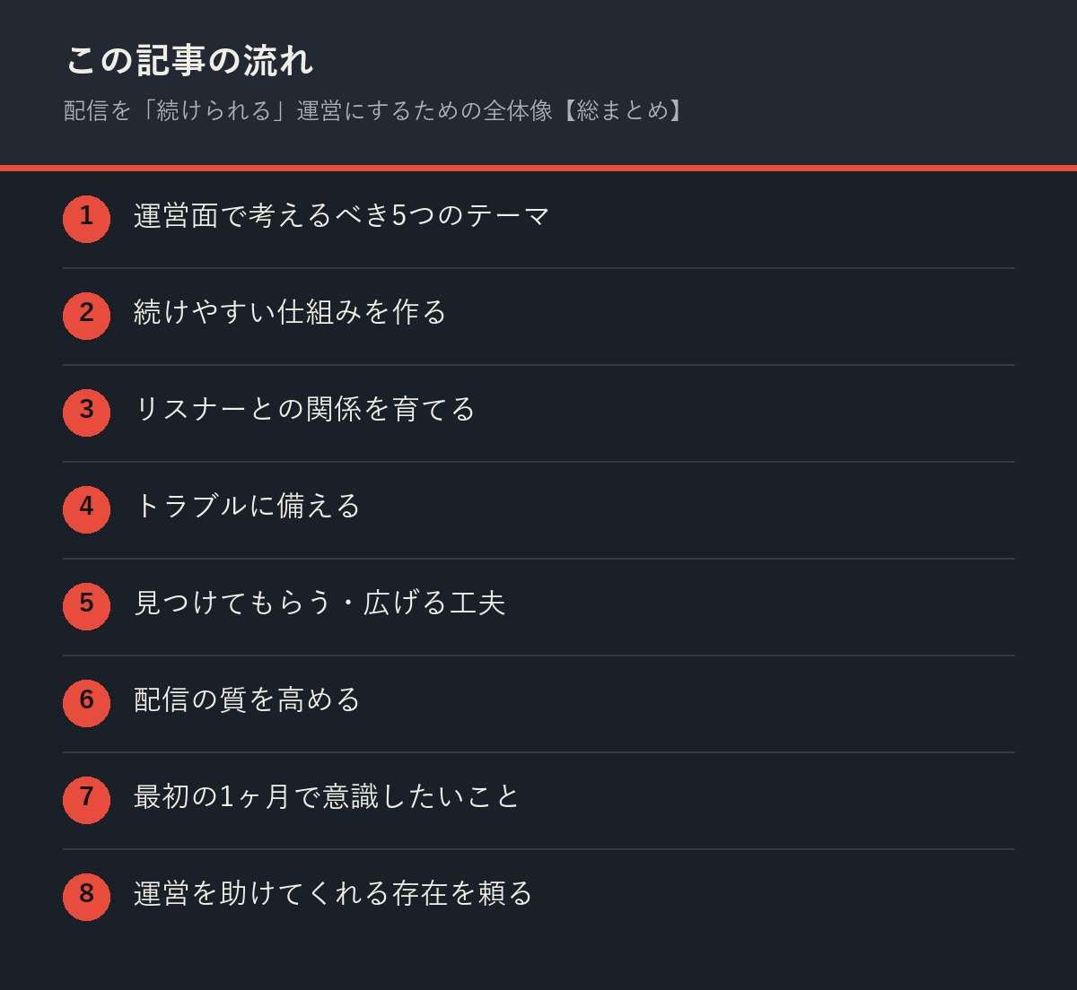 配信を「続けられる」運営にするための全体像【総まとめ】の記事の流れを解説した図解