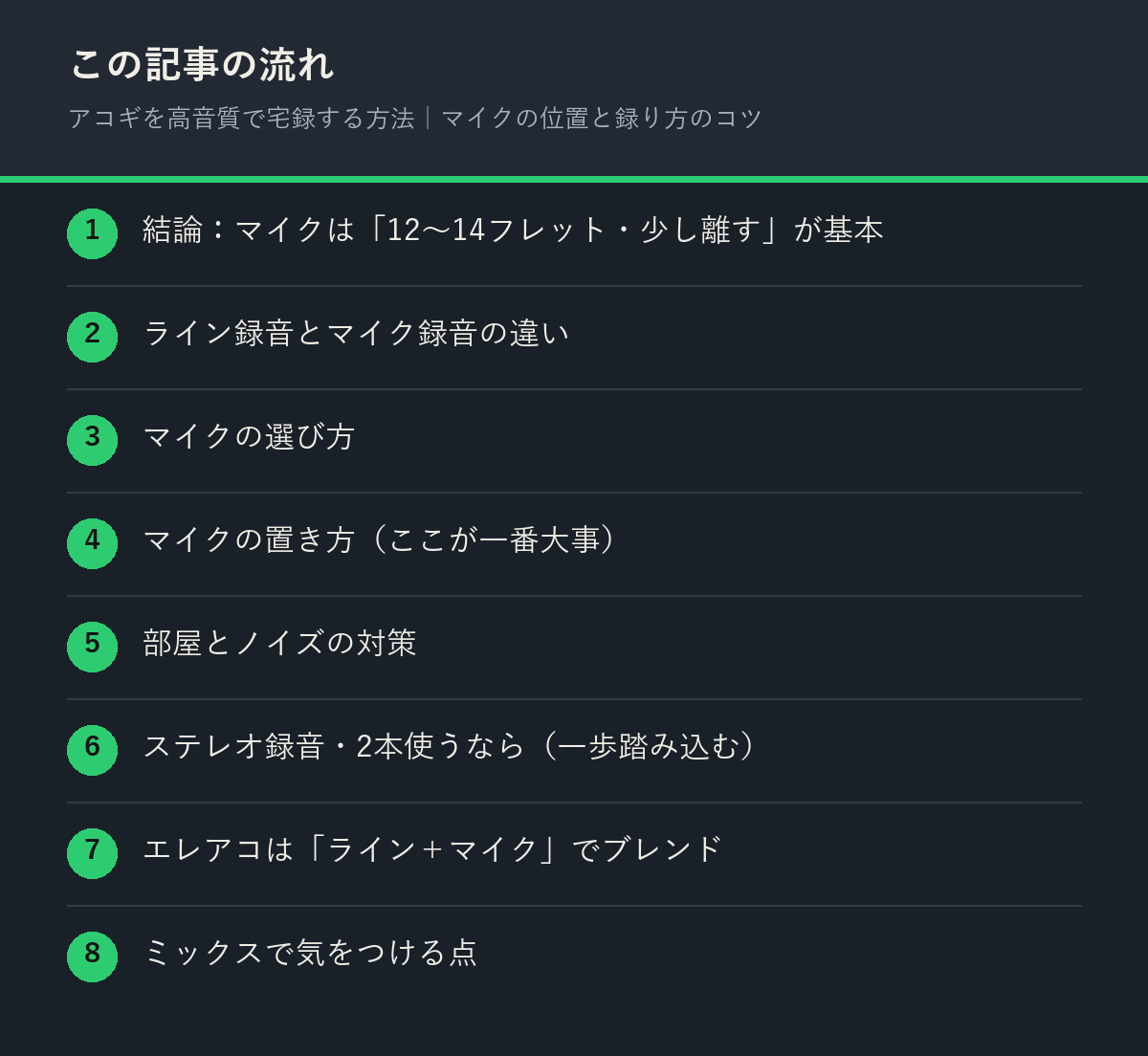 アコギを高音質で宅録する方法｜マイクの位置と録り方のコツの記事の流れを解説した図解