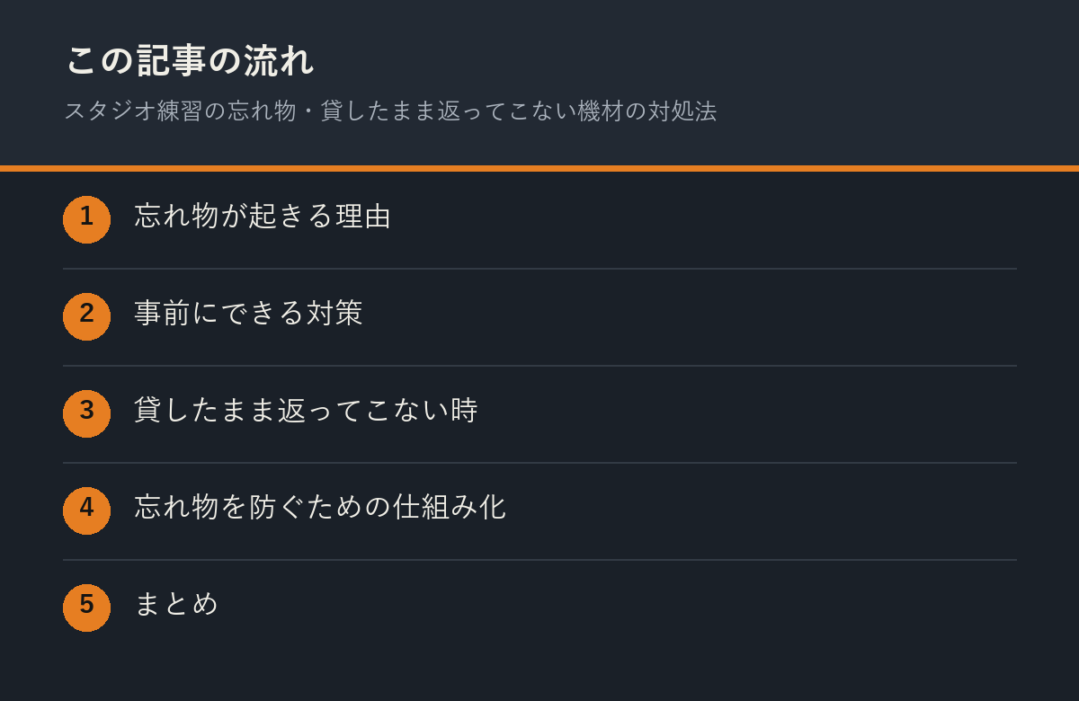 スタジオ練習の忘れ物・貸したまま返ってこない機材の対処法の記事の流れを解説した図解
