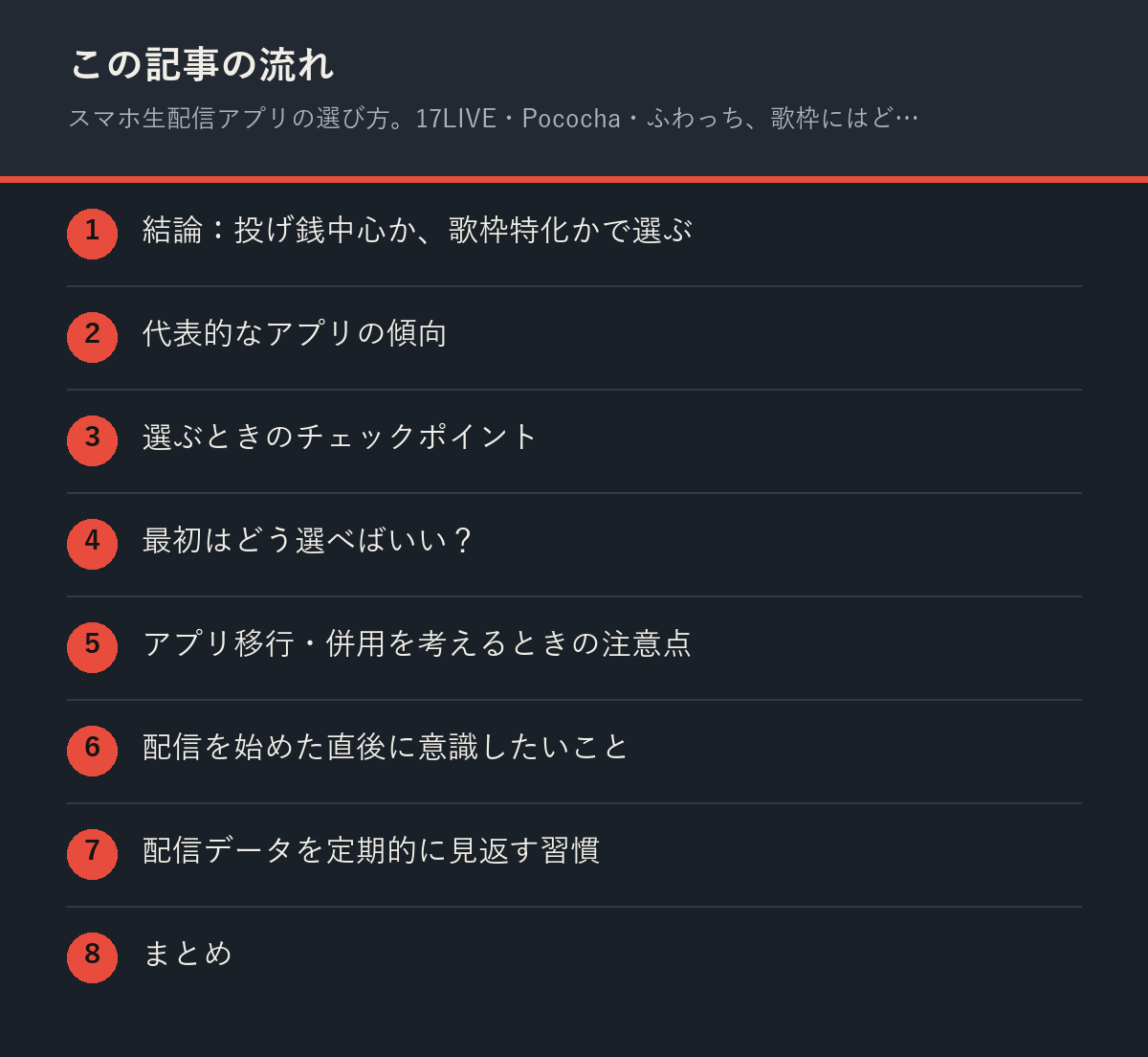 スマホ生配信アプリの選び方。17LIVE・Pococha・ふわっち、歌枠にはどれが向いている?の記事の流れを解説した図解