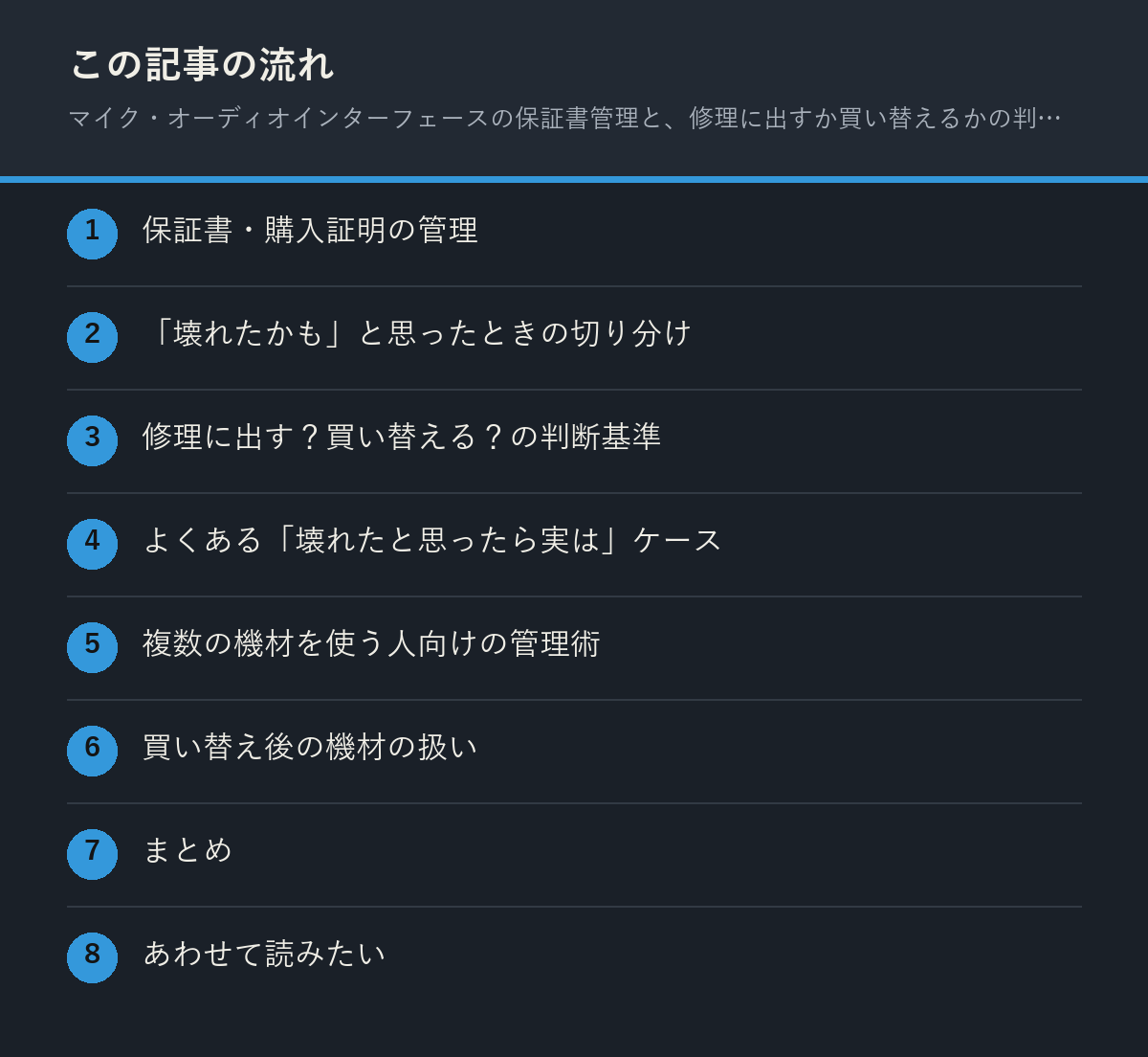マイク・オーディオインターフェースの保証書管理と、修理に出すか買い替えるかの判断基準の記事の流れを解説した図解
