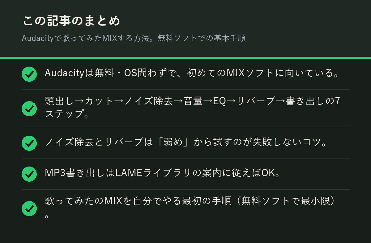 Audacityで歌ってみたMIXする方法。無料ソフトでの基本手順のまとめを解説した図解