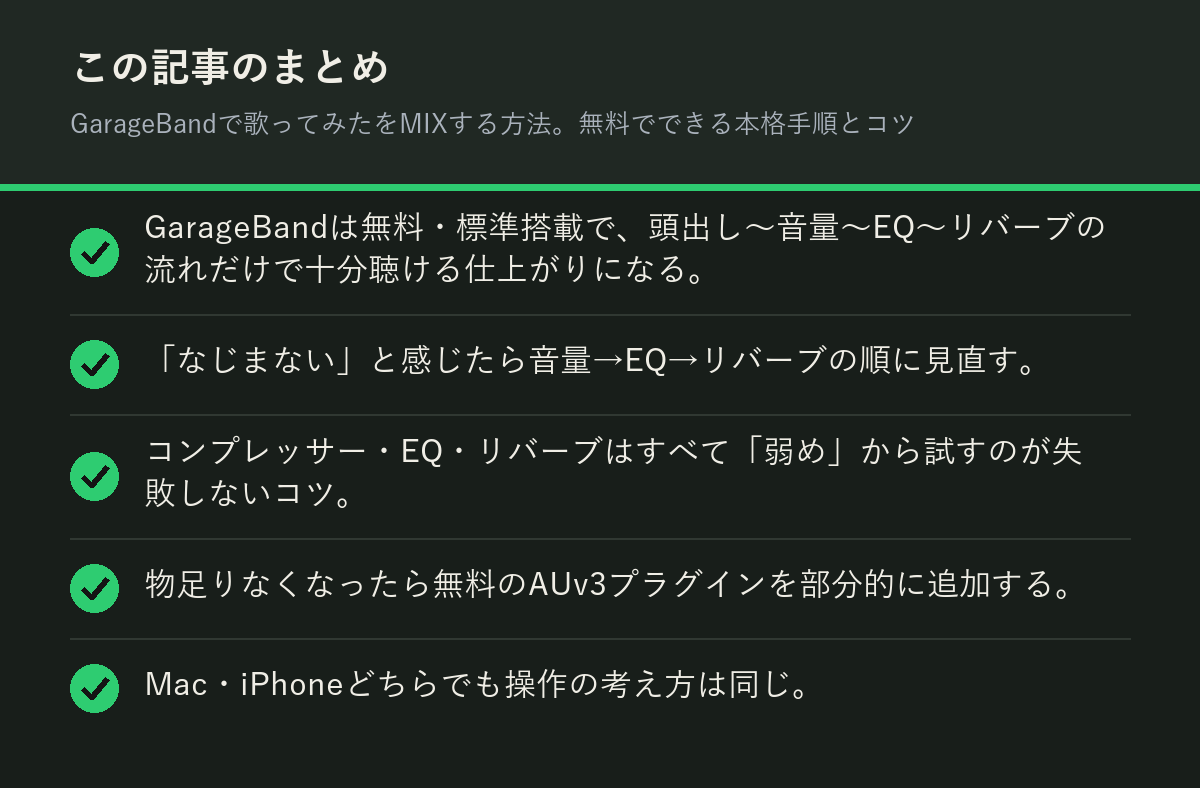 GarageBandで歌ってみたをMIXする方法。無料でできる本格手順とコツのまとめを解説した図解