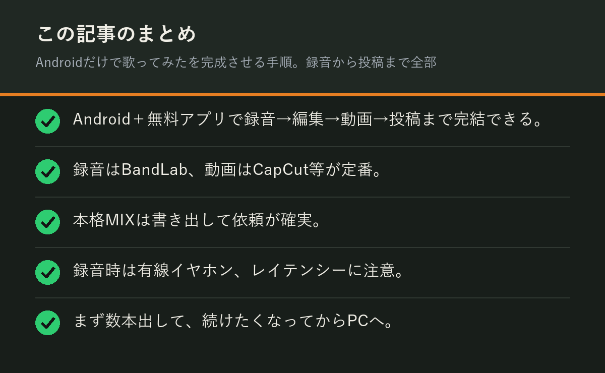 Androidだけで歌ってみたを完成させる手順。録音から投稿まで全部のまとめを解説した図解