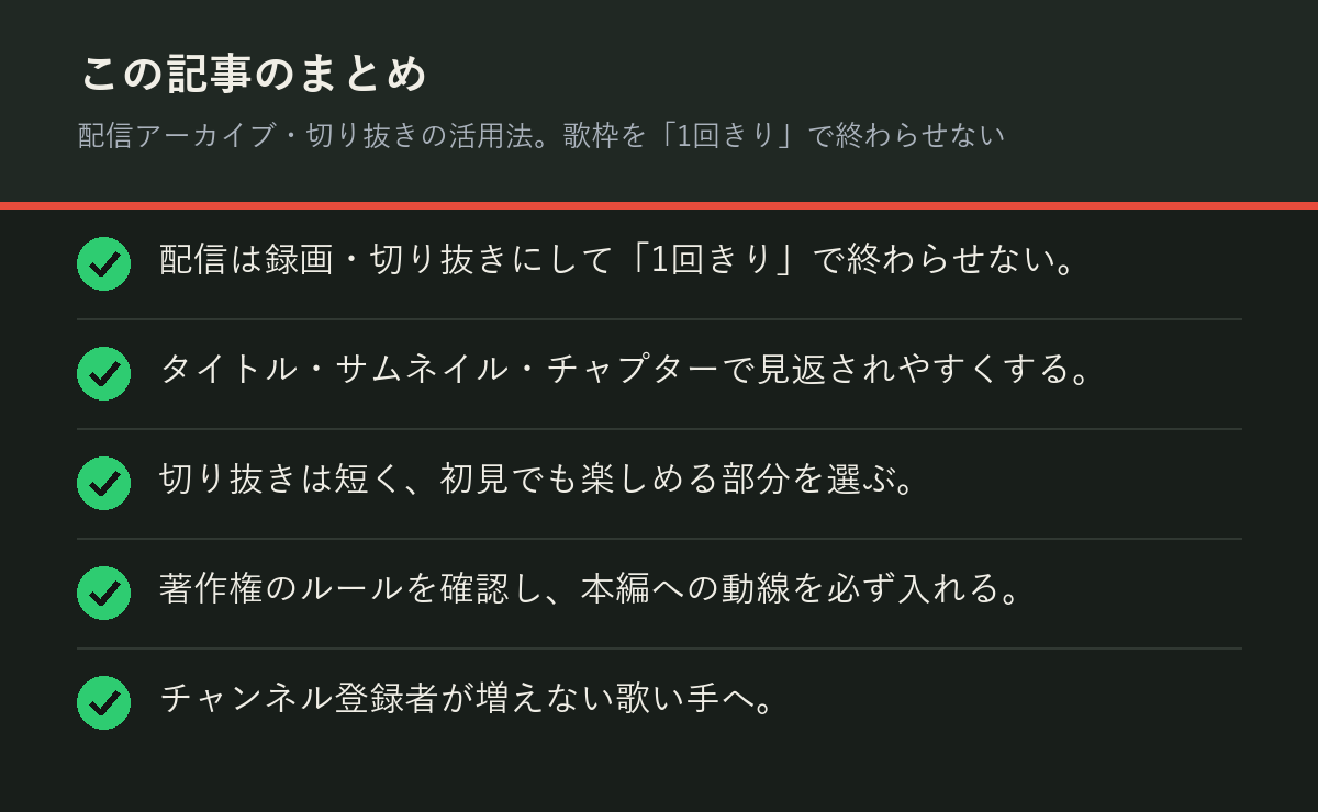 配信アーカイブ・切り抜きの活用法。歌枠を「1回きり」で終わらせないのまとめを解説した図解