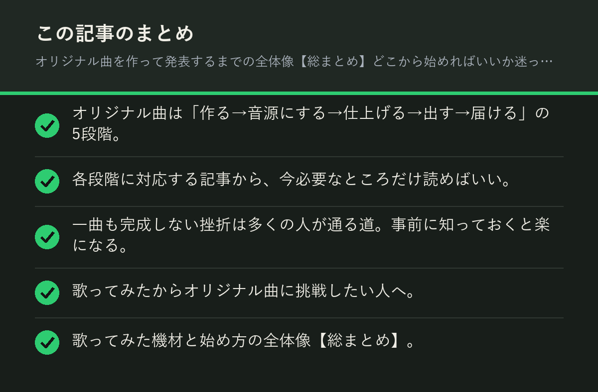 オリジナル曲を作って発表するまでの全体像【総まとめ】どこから始めればいいか迷ったらのまとめを解説した図解