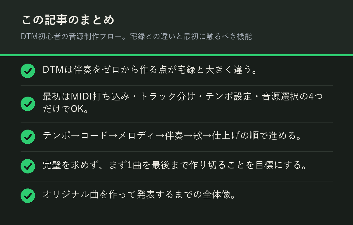 DTM初心者の音源制作フロー。宅録との違いと最初に触るべき機能のまとめを解説した図解