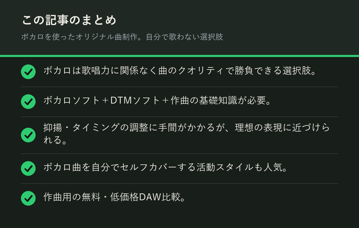 ボカロを使ったオリジナル曲制作。自分で歌わない選択肢のまとめを解説した図解