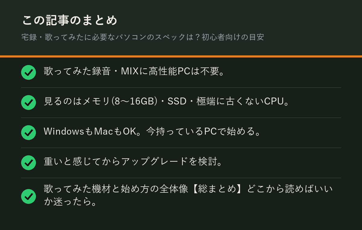 宅録・歌ってみたに必要なパソコンのスペックは？初心者向けの目安のまとめを解説した図解