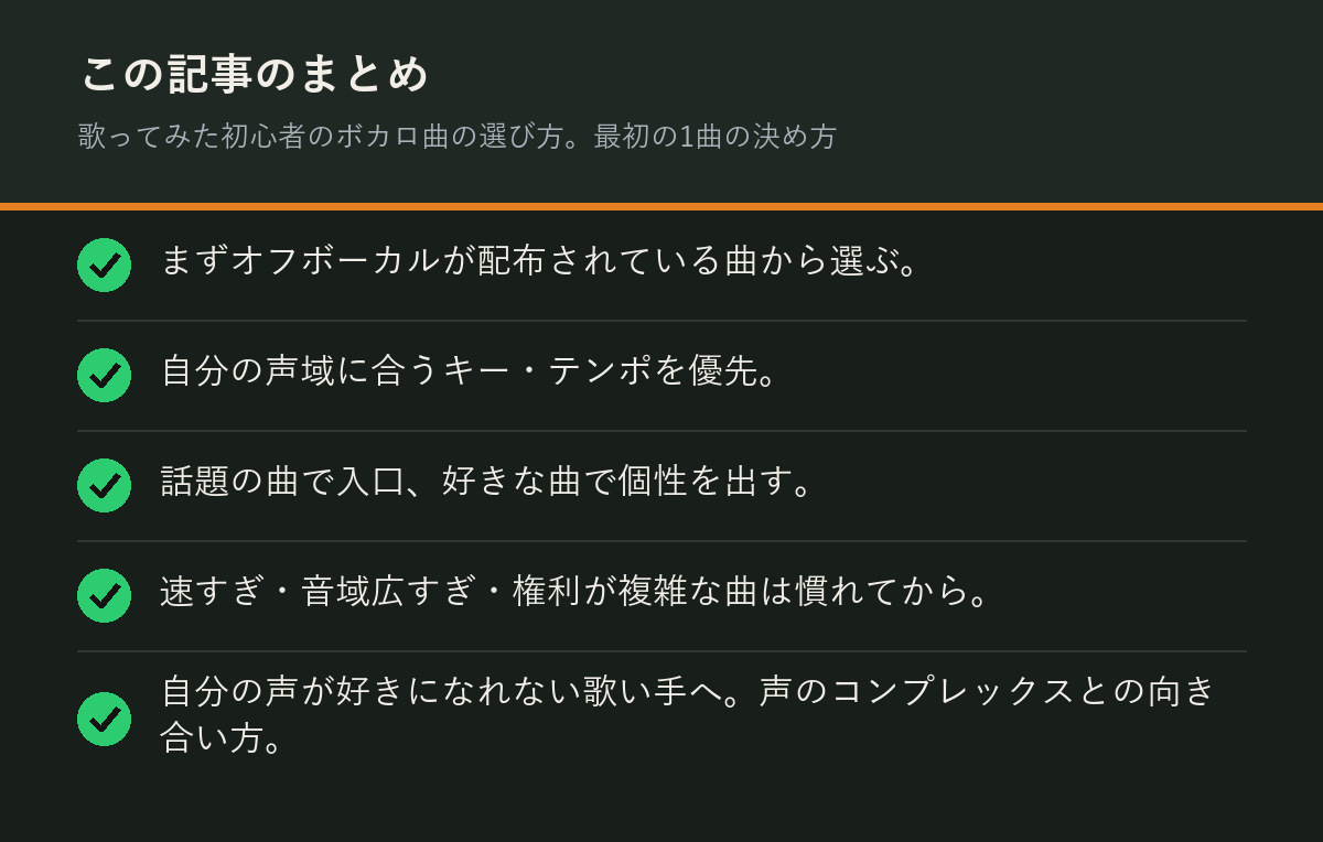 歌ってみた初心者のボカロ曲の選び方。最初の1曲の決め方のまとめを解説した図解