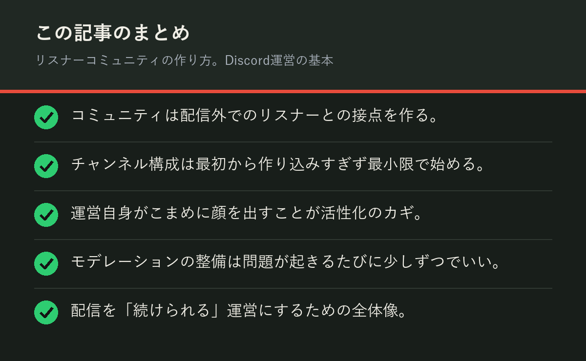 リスナーコミュニティの作り方。Discord運営の基本のまとめを解説した図解