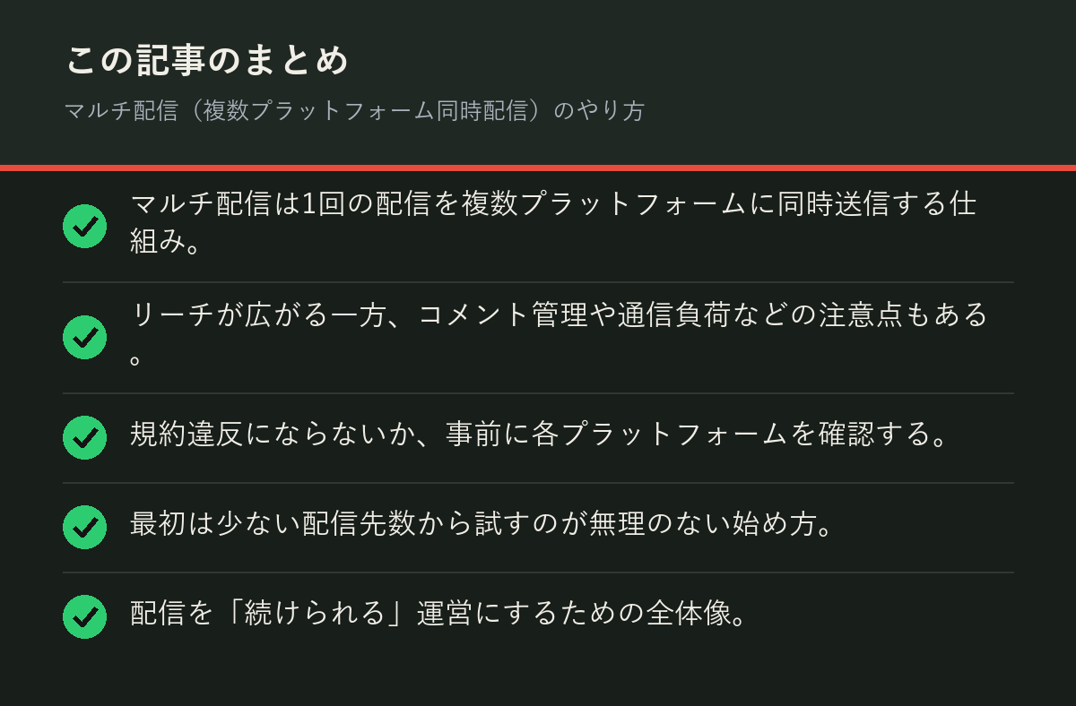 マルチ配信（複数プラットフォーム同時配信）のやり方のまとめを解説した図解