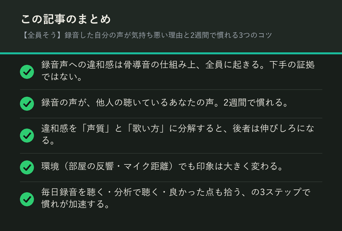 【全員そう】録音した自分の声が気持ち悪い理由と2週間で慣れる3つのコツのまとめを解説した図解