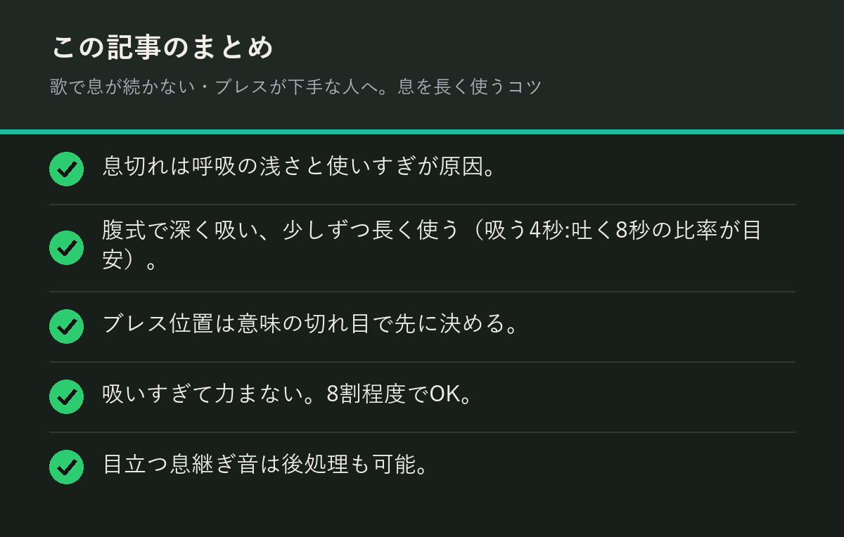 歌で息が続かない・ブレスが下手な人へ。息を長く使うコツのまとめを解説した図解