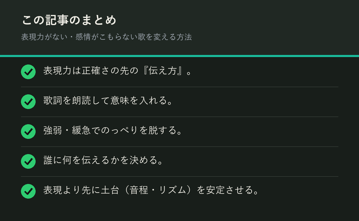 表現力がない・感情がこもらない歌を変える方法のまとめを解説した図解