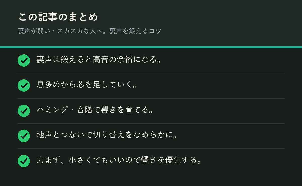 裏声が弱い・スカスカな人へ。裏声を鍛えるコツのまとめを解説した図解