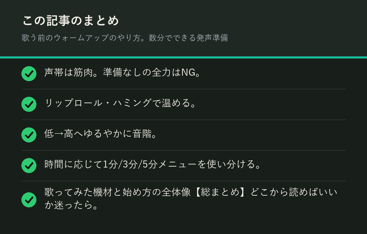 歌う前のウォームアップのやり方。数分でできる発声準備のまとめを解説した図解