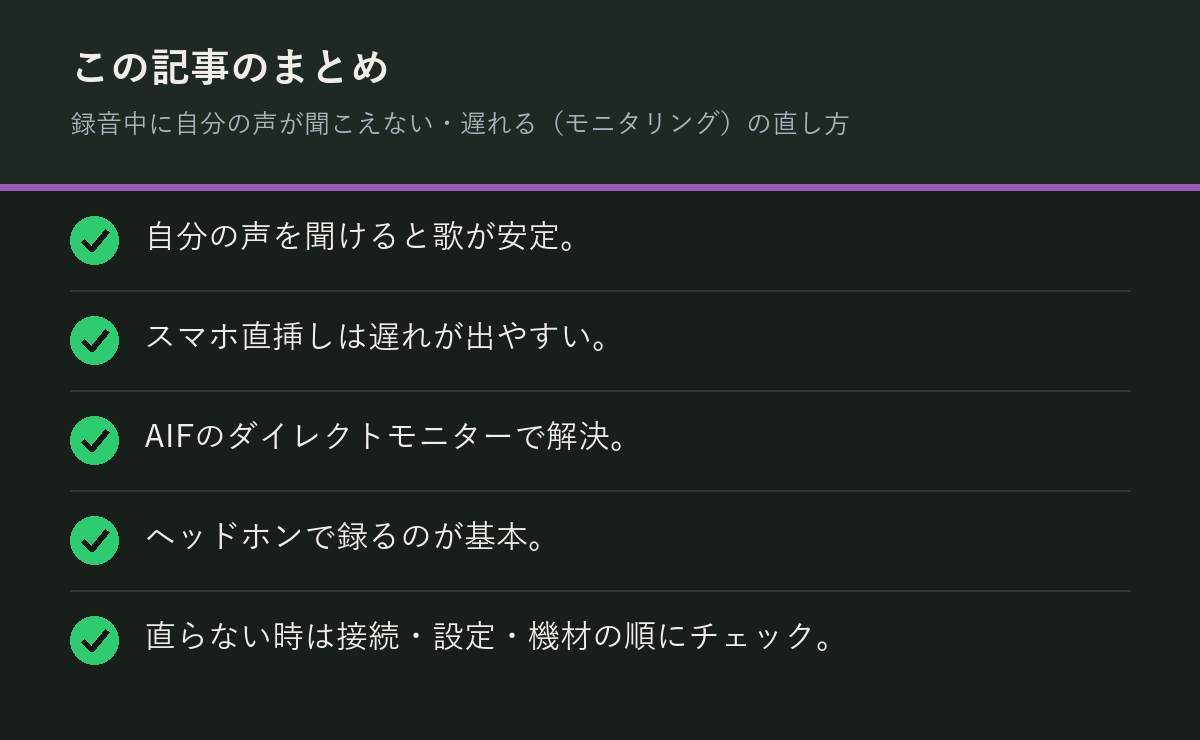 録音中に自分の声が聞こえない・遅れる（モニタリング）の直し方のまとめを解説した図解