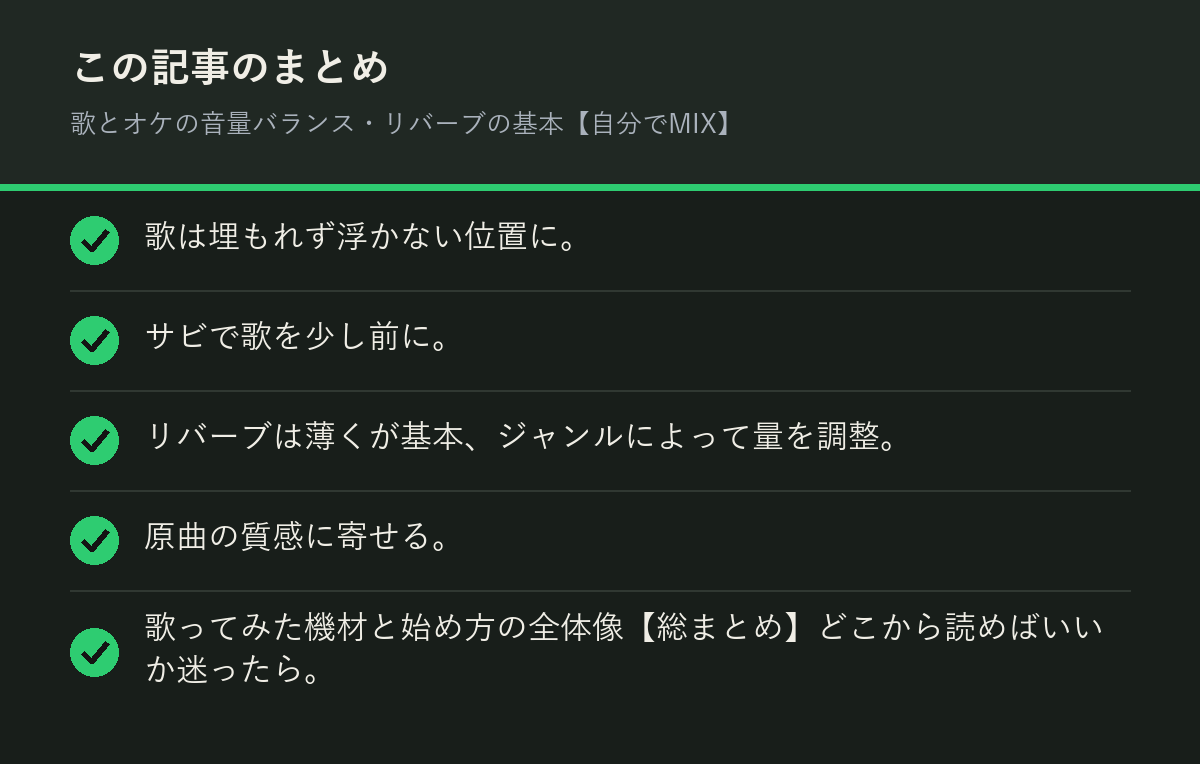 歌とオケの音量バランス・リバーブの基本【自分でMIX】のまとめを解説した図解
