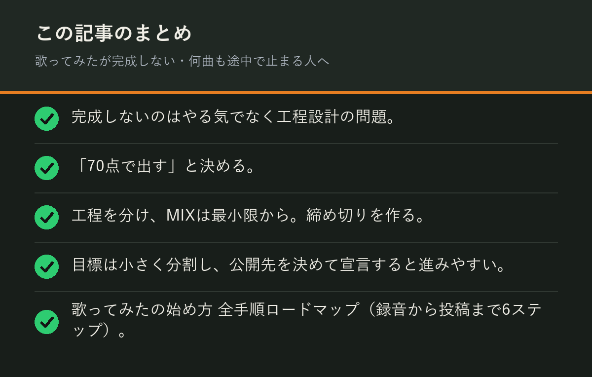歌ってみたが完成しない・何曲も途中で止まる人へのまとめを解説した図解