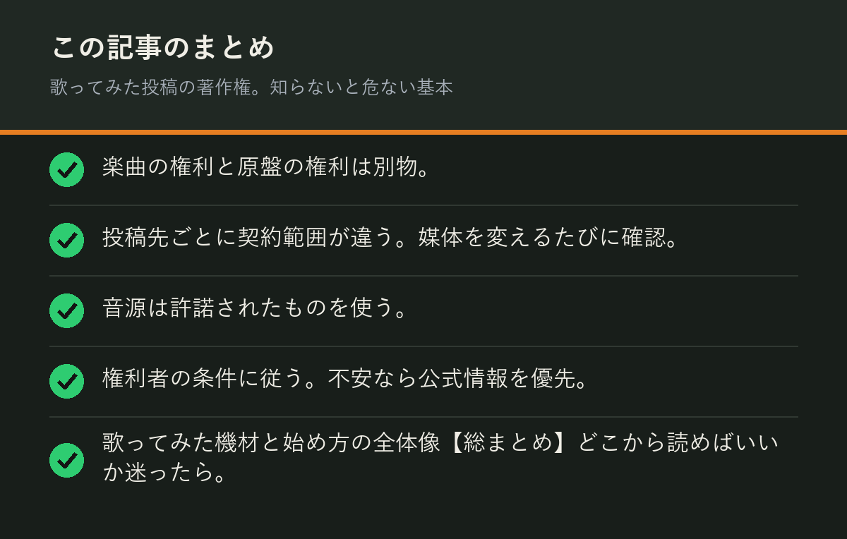 歌ってみた投稿の著作権。知らないと危ない基本のまとめを解説した図解