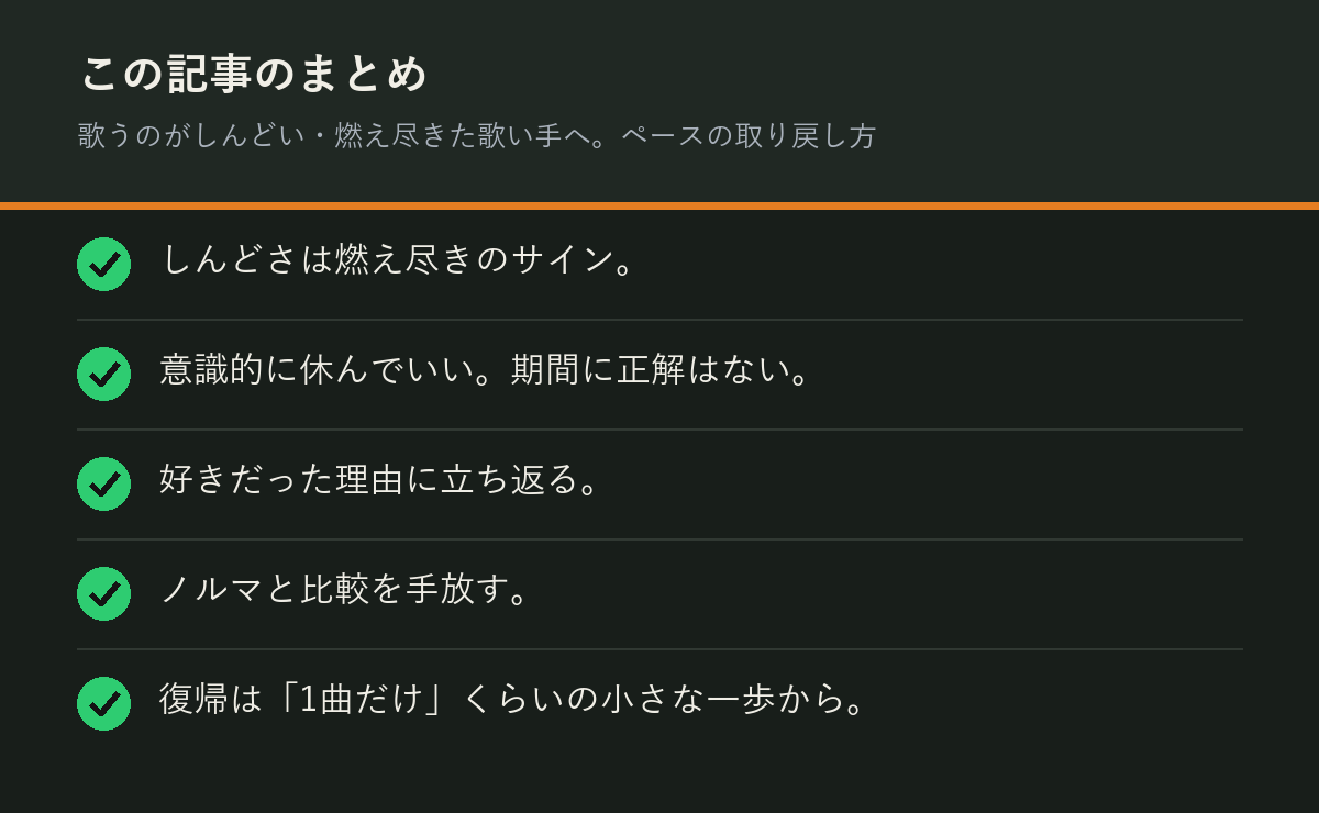 歌うのがしんどい・燃え尽きた歌い手へ。ペースの取り戻し方のまとめを解説した図解