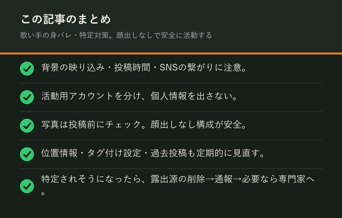歌い手の身バレ・特定対策。顔出しなしで安全に活動するのまとめを解説した図解