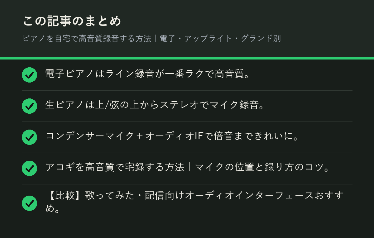 ピアノを自宅で高音質録音する方法｜電子・アップライト・グランド別のまとめを解説した図解