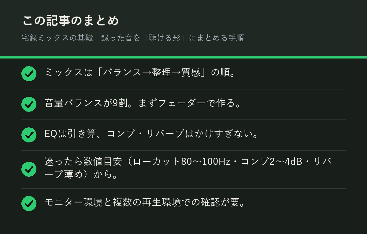 宅録ミックスの基礎｜録った音を「聴ける形」にまとめる手順のまとめを解説した図解
