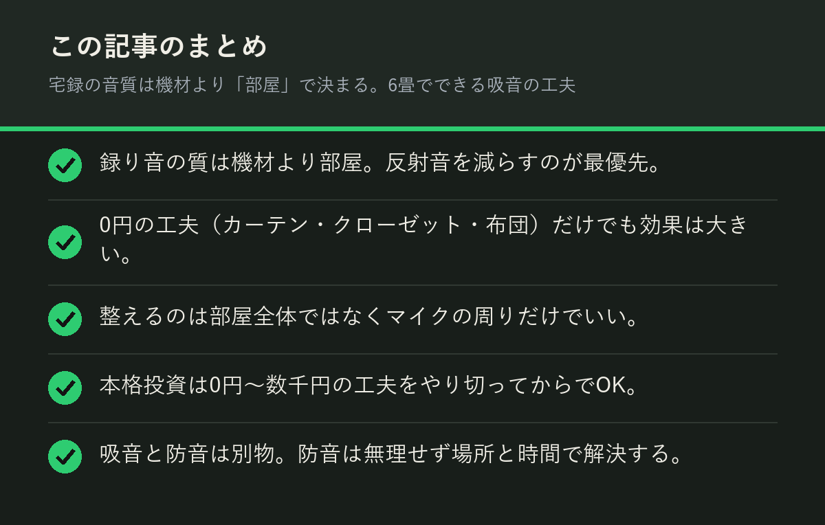 宅録の音質は機材より「部屋」で決まる。6畳でできる吸音の工夫のまとめを解説した図解