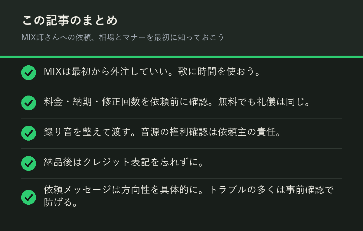 MIX師さんへの依頼、相場とマナーを最初に知っておこうのまとめを解説した図解