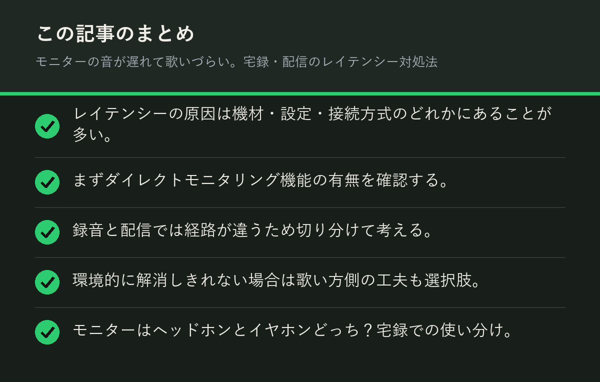 モニターの音が遅れて歌いづらい。宅録・配信のレイテンシー対処法のまとめを解説した図解