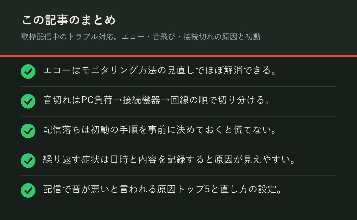 歌枠配信中のトラブル対応。エコー・音飛び・接続切れの原因と初動のまとめを解説した図解