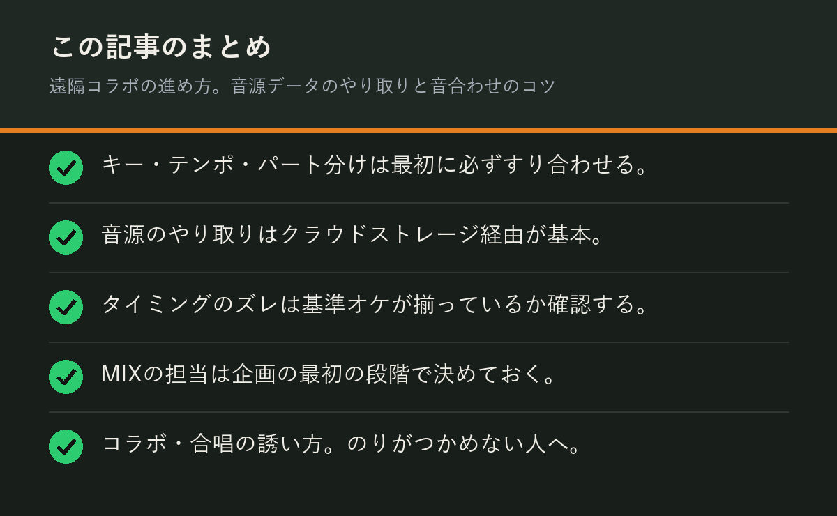 遠隔コラボの進め方。音源データのやり取りと音合わせのコツのまとめを解説した図解