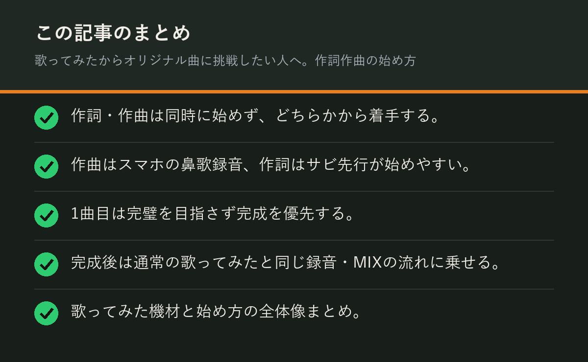 歌ってみたからオリジナル曲に挑戦したい人へ。作詞作曲の始め方のまとめを解説した図解
